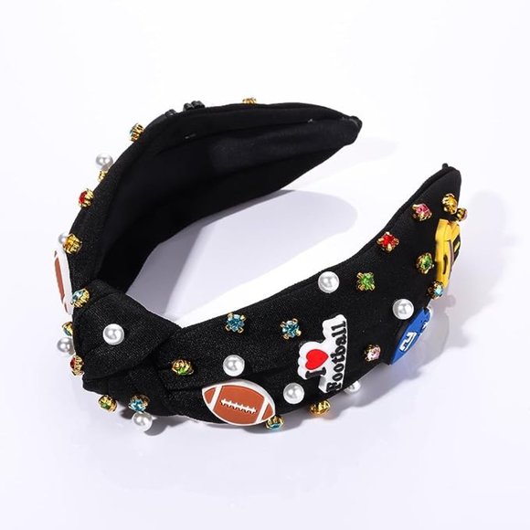 Black Football Inn Zone Jersey Pearl Crystal Encrusted Headband - Picture 3 of 3